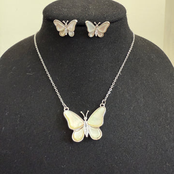 Iridescent Butterfly Mother-of-Pearl Necklace and Earrings Set – Silver Finish | Pastel Enamel Wings