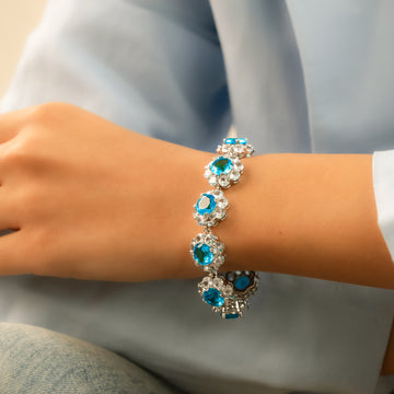 Blue Blossom Statement Bracelet – Silver Floral CZ Bracelet with Ocean Stones - Vinni’s Jewelry