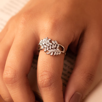 Crystal Leaf Ring – Silver Adjustable Ring with Marquise CZ Stones for Women - Vinni’s Jewelry