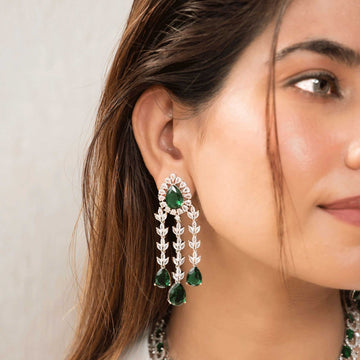 Emerald Cascade Statement Earrings – Silver Finish with CZ Sparkle & Green Teardrop Crystals - Vinni’s Jewelry