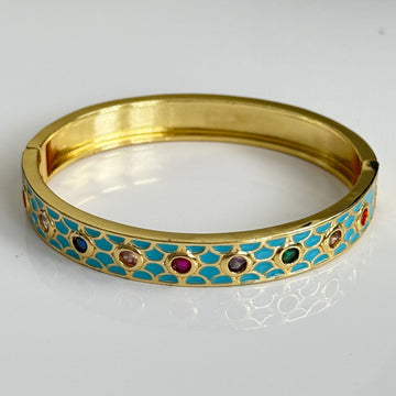 Gold Enamel Bangle with Multi - Stone Accents – Turquoise Meenakari Kada for Women - Vinni’s Jewelry