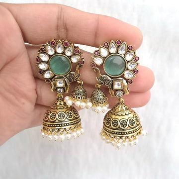 Mayura Antique Green Jhumka Earrings - Vinni’s Jewelry