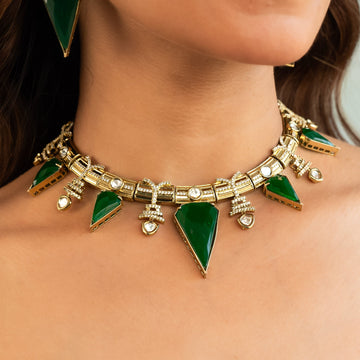 Modern Kundan & Green Stone Choker Set - Vinni’s Jewelry