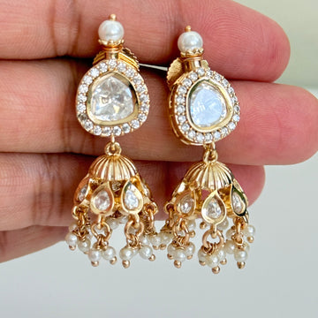 Pearl Kundan Drop Jhumkas - Vinni’s Jewelry