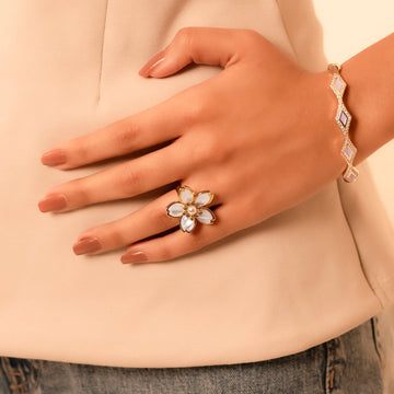 Pearl Petal Adjustable Flower Ring – Gold - Tone Statement Ring for Women - Vinni’s Jewelry