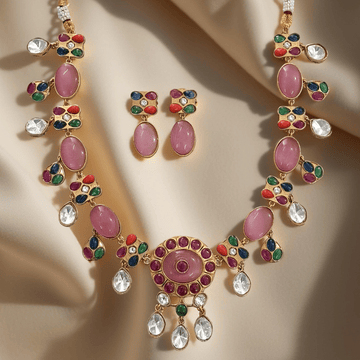 Ridhima Matt Gold Multicolor Stone Necklace Set – Traditional Bridal Jewelry - Vinni’s Jewelry