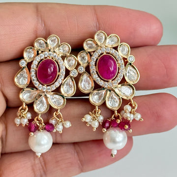 Royal Rose Ruby Kundan Pearl Earrings - Vinni’s Jewelry