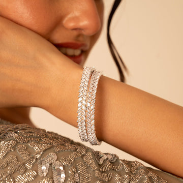 Silver Vine Leaf Bangles | Elegant Zircon - Studded Cuff Bracelets - Vinni’s Jewelry