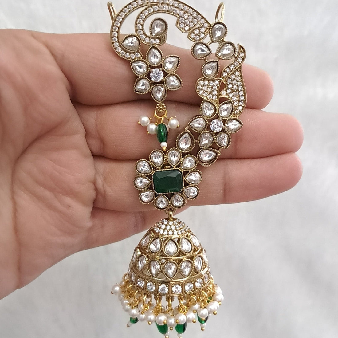 Zeenat Green Kundan Passa with Pearl Jhumka - Vinni’s Jewelry