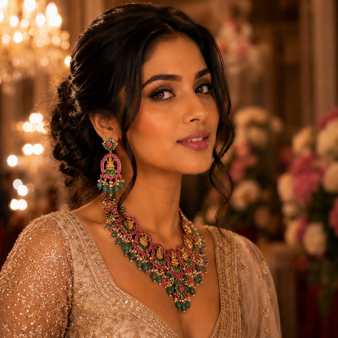 Goddess Laxmi Choker Necklace Set – South Indian Temple Jewelry with Green Drops