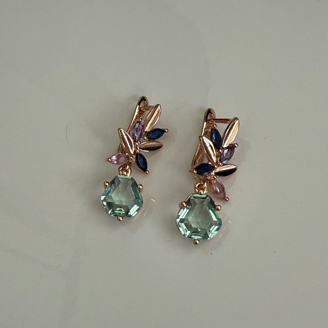Celestial Bloom Mint Green Crystal Necklace and Earrings Set – Rose Gold Floral Design with Blue and Violet Accents