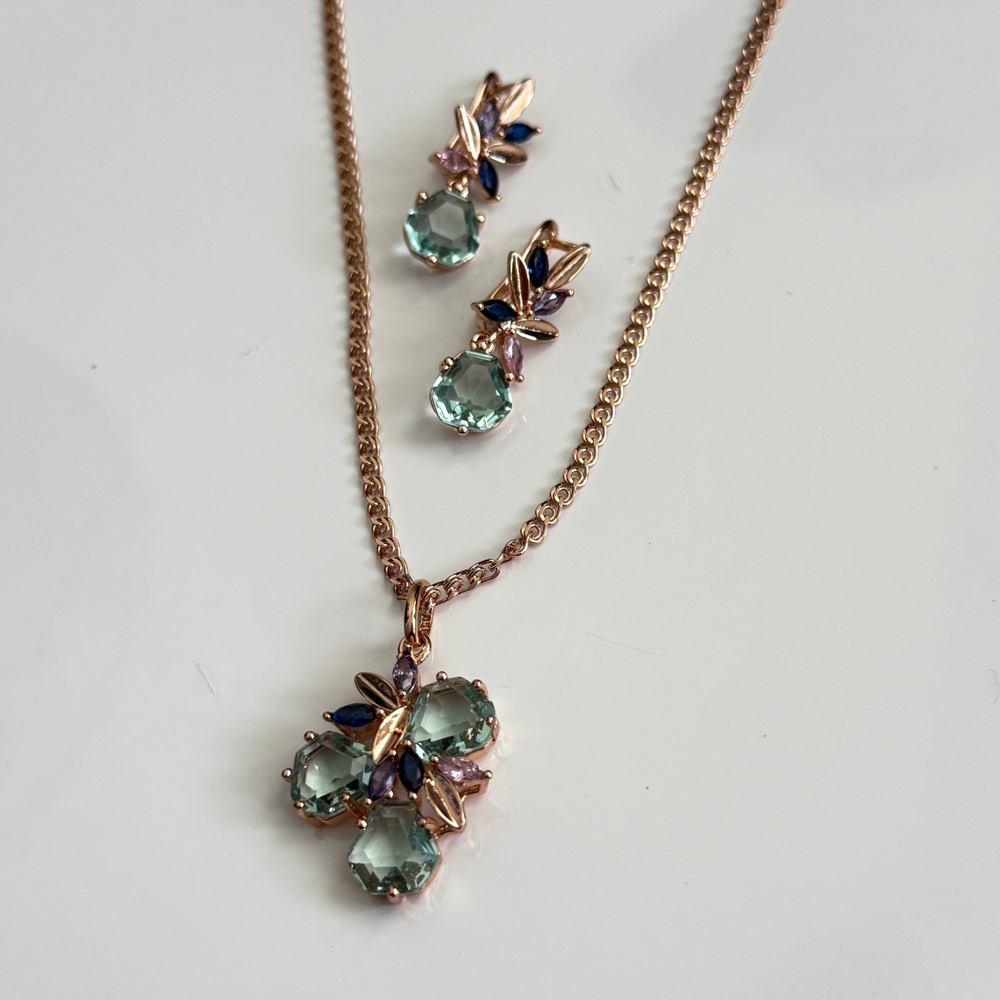 Celestial Bloom Mint Green Crystal Necklace and Earrings Set – Rose Gold Floral Design with Blue and Violet Accents