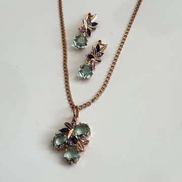 Celestial Bloom Mint Green Crystal Necklace and Earrings Set – Rose Gold Floral Design with Blue and Violet Accents