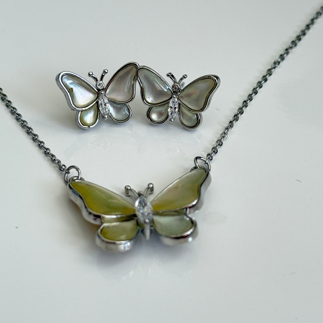 Iridescent Butterfly Mother-of-Pearl Necklace and Earrings Set – Silver Finish | Pastel Enamel Wings
