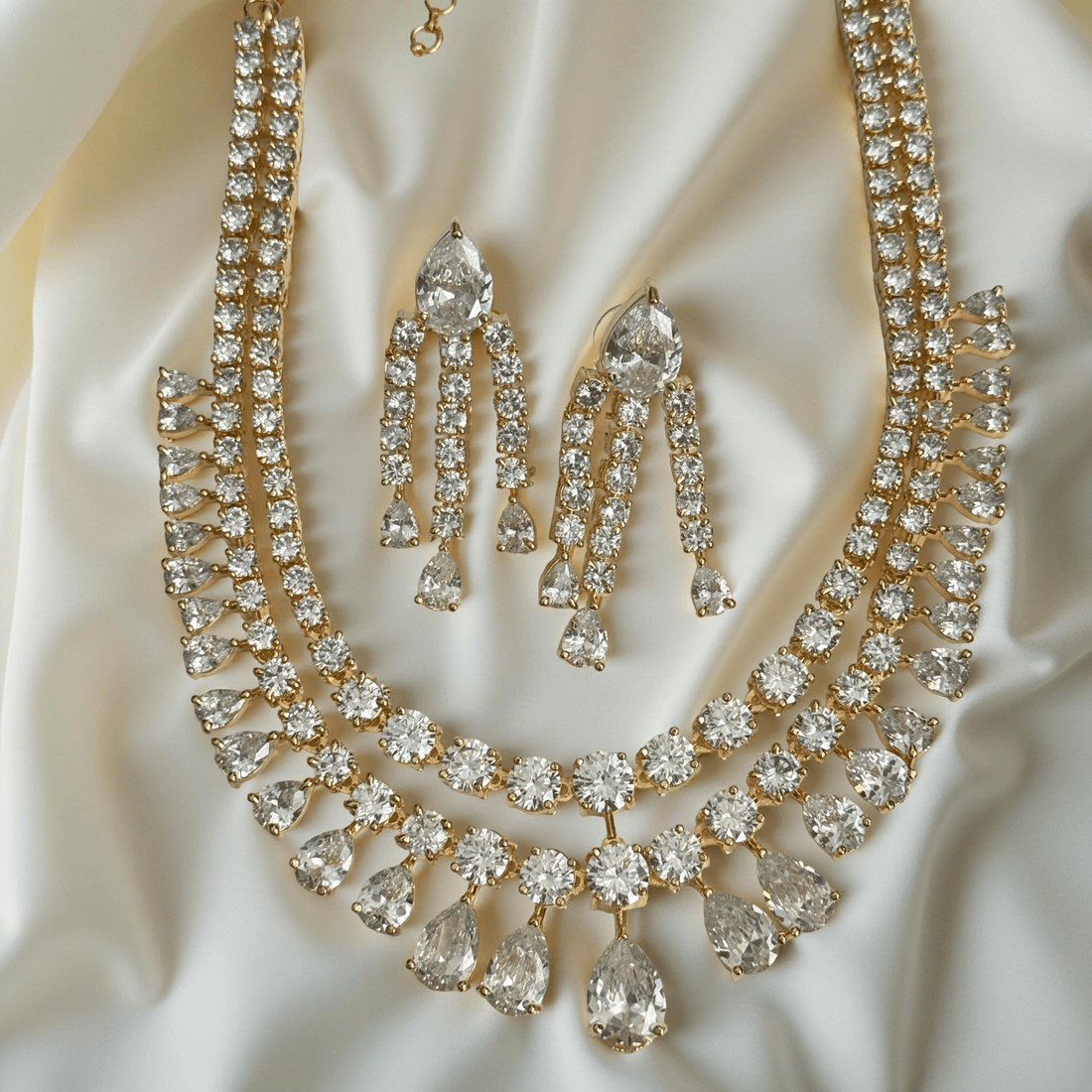 Aahana Double Layer Crystal Necklace Set – Silver Finish Bridal Jewelry - Vinni’s Jewelry
