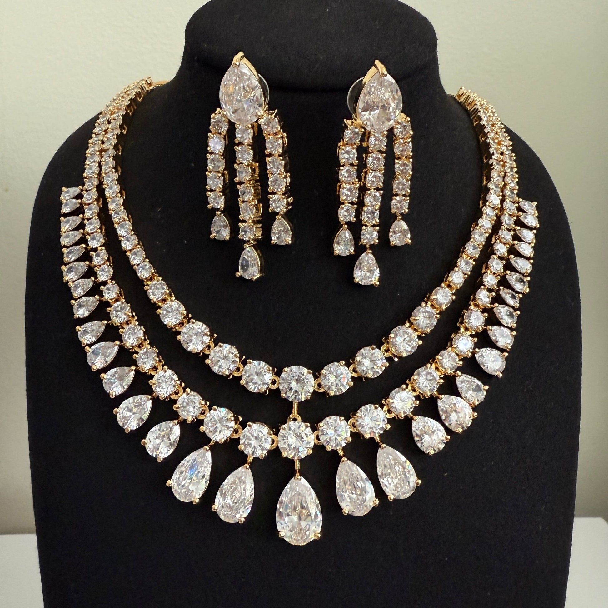 Aahana Double Layer Crystal Necklace Set – Silver Finish Bridal Jewelry - Vinni’s Jewelry