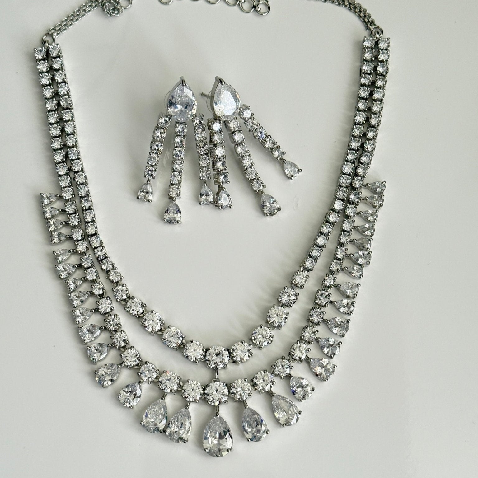 Aahana Double Layer Crystal Necklace Set – Silver Finish Bridal Jewelry - Vinni’s Jewelry