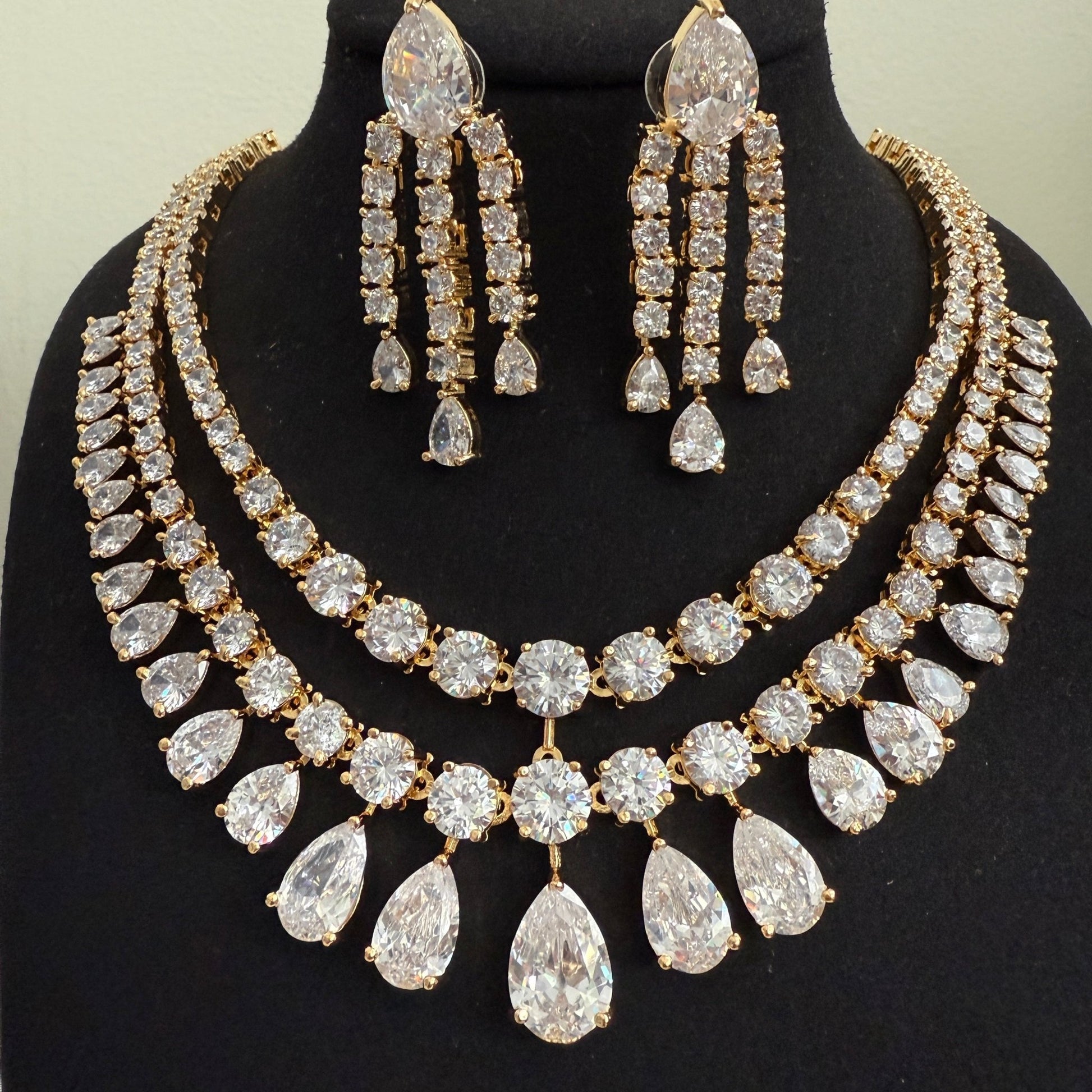 Aahana Double Layer Crystal Necklace Set – Silver Finish Bridal Jewelry - Vinni’s Jewelry