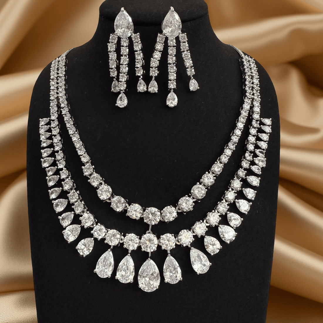 Aahana Double Layer Crystal Necklace Set – Silver Finish Bridal Jewelry - Vinni’s Jewelry