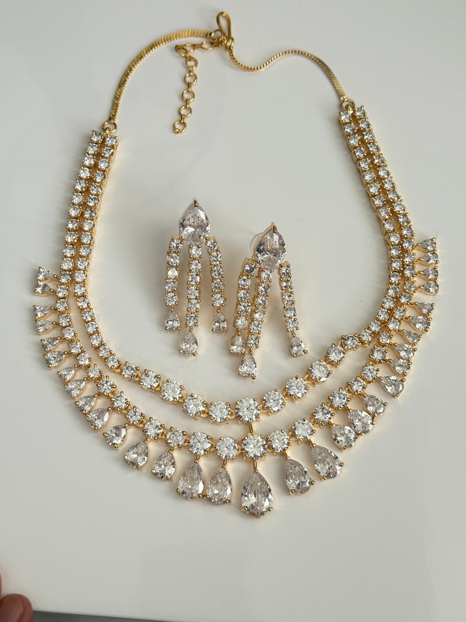Aahana Double Layer Crystal Necklace Set – Silver Finish Bridal Jewelry - Vinni’s Jewelry