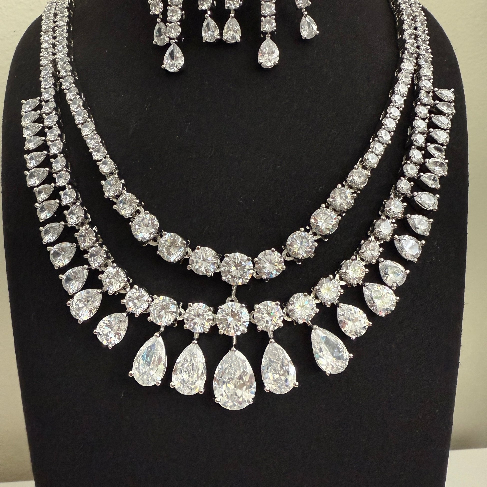 Aahana Double Layer Crystal Necklace Set – Silver Finish Bridal Jewelry - Vinni’s Jewelry