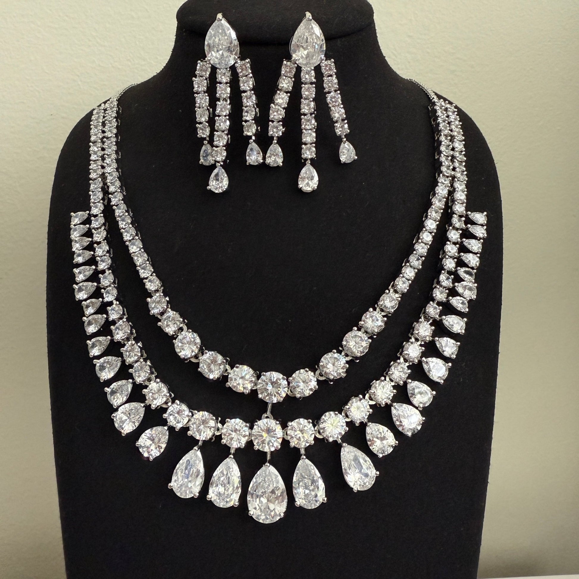 Aahana Double Layer Crystal Necklace Set – Silver Finish Bridal Jewelry - Vinni’s Jewelry
