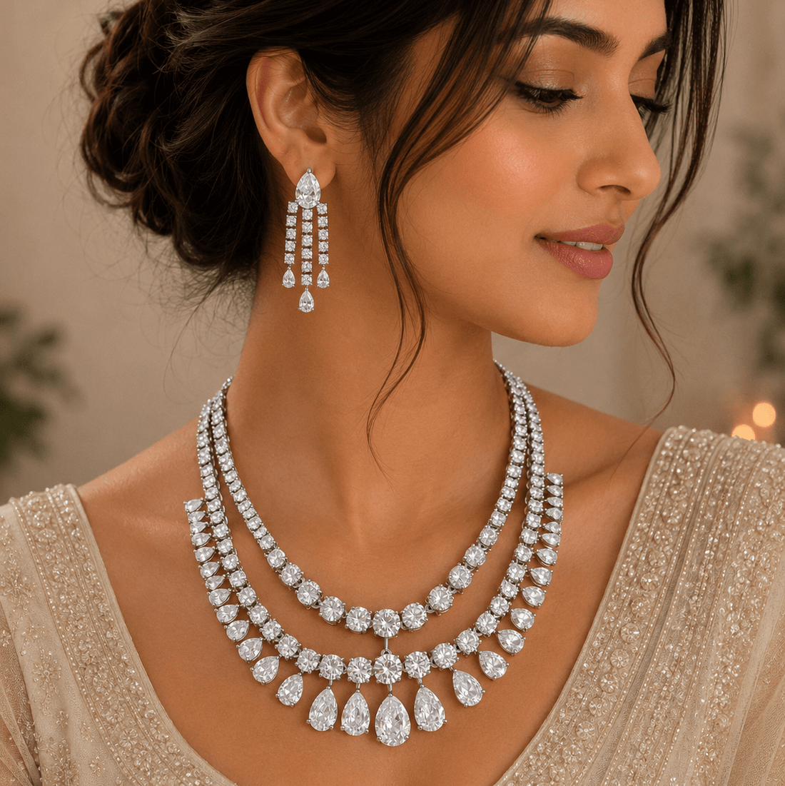 Aahana Double Layer Crystal Necklace Set – Silver Finish Bridal Jewelry - Vinni’s Jewelry
