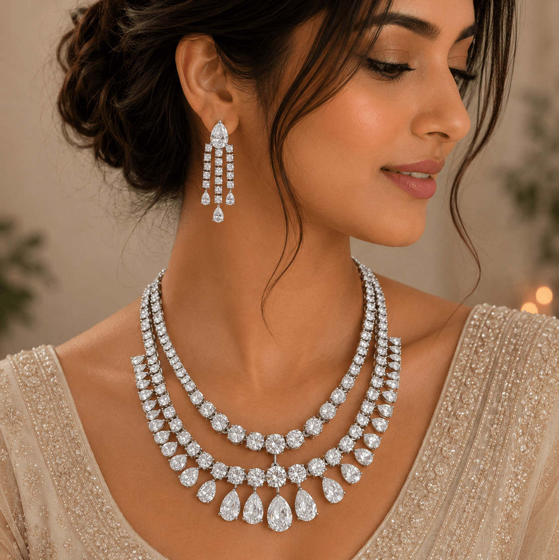 Aahana Double Layer Crystal Necklace Set – Silver Finish Bridal Jewelry - Vinni’s Jewelry