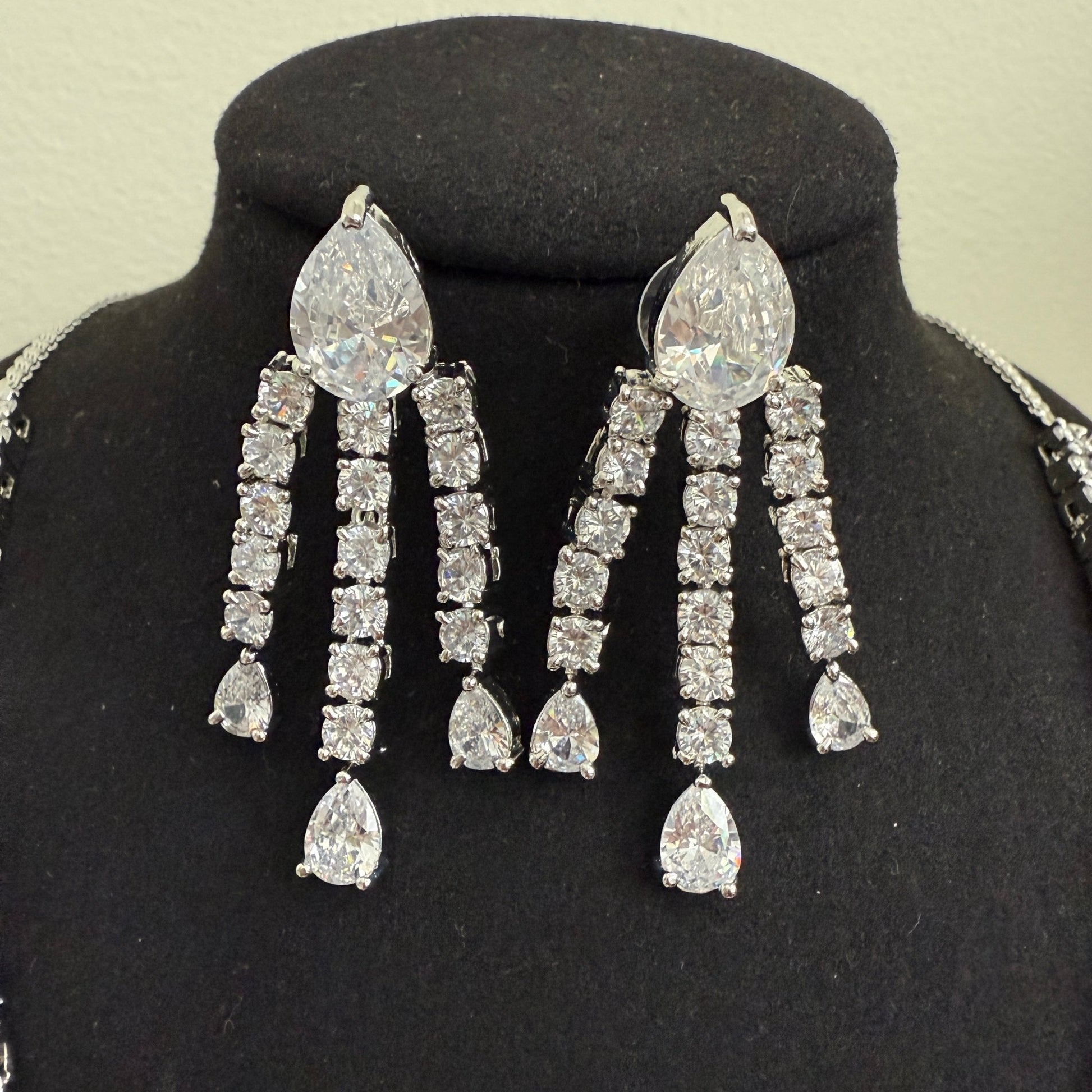Aahana Double Layer Crystal Necklace Set – Silver Finish Bridal Jewelry - Vinni’s Jewelry