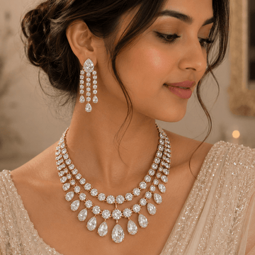 Aahana Double Layer Crystal Necklace Set – Silver Finish Bridal Jewelry - Vinni’s Jewelry