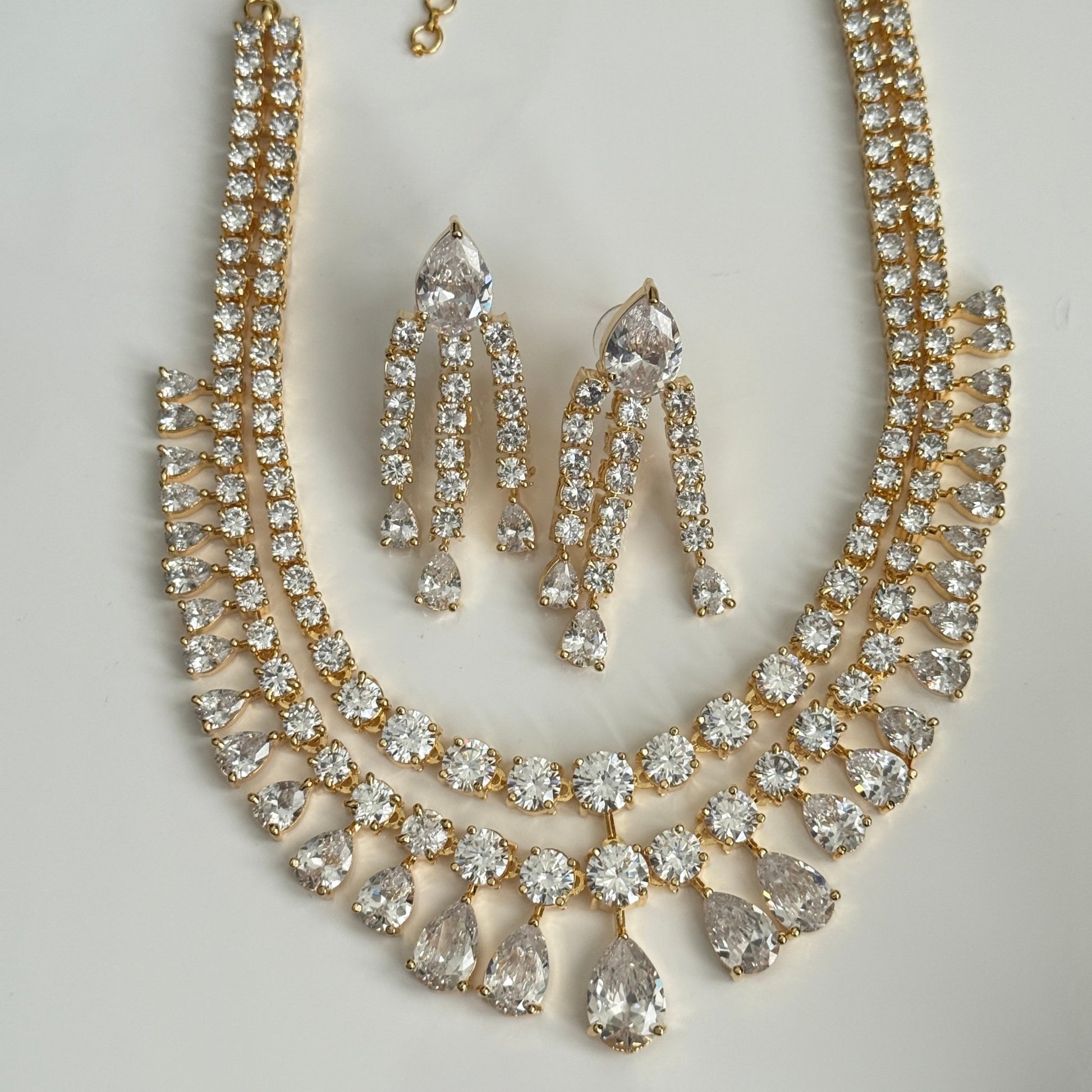Aahana Double Layer Crystal Necklace Set – Silver Finish Bridal Jewelry - Vinni’s Jewelry
