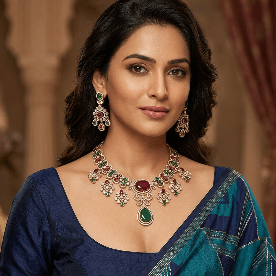 Aaradhya Ruby Emerald Royale Necklace Set - Vinni’s Jewelry