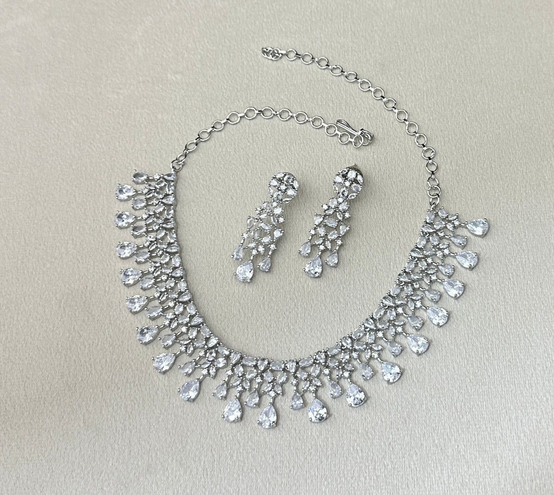 Aaral Crystal Waterfall Necklace Set – Silver Finish Bridal Jewelry - Vinni’s Jewelry