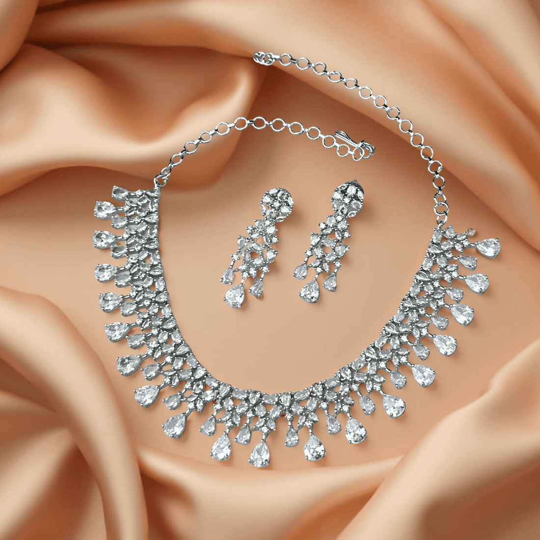 Aaral Crystal Waterfall Necklace Set – Silver Finish Bridal Jewelry - Vinni’s Jewelry