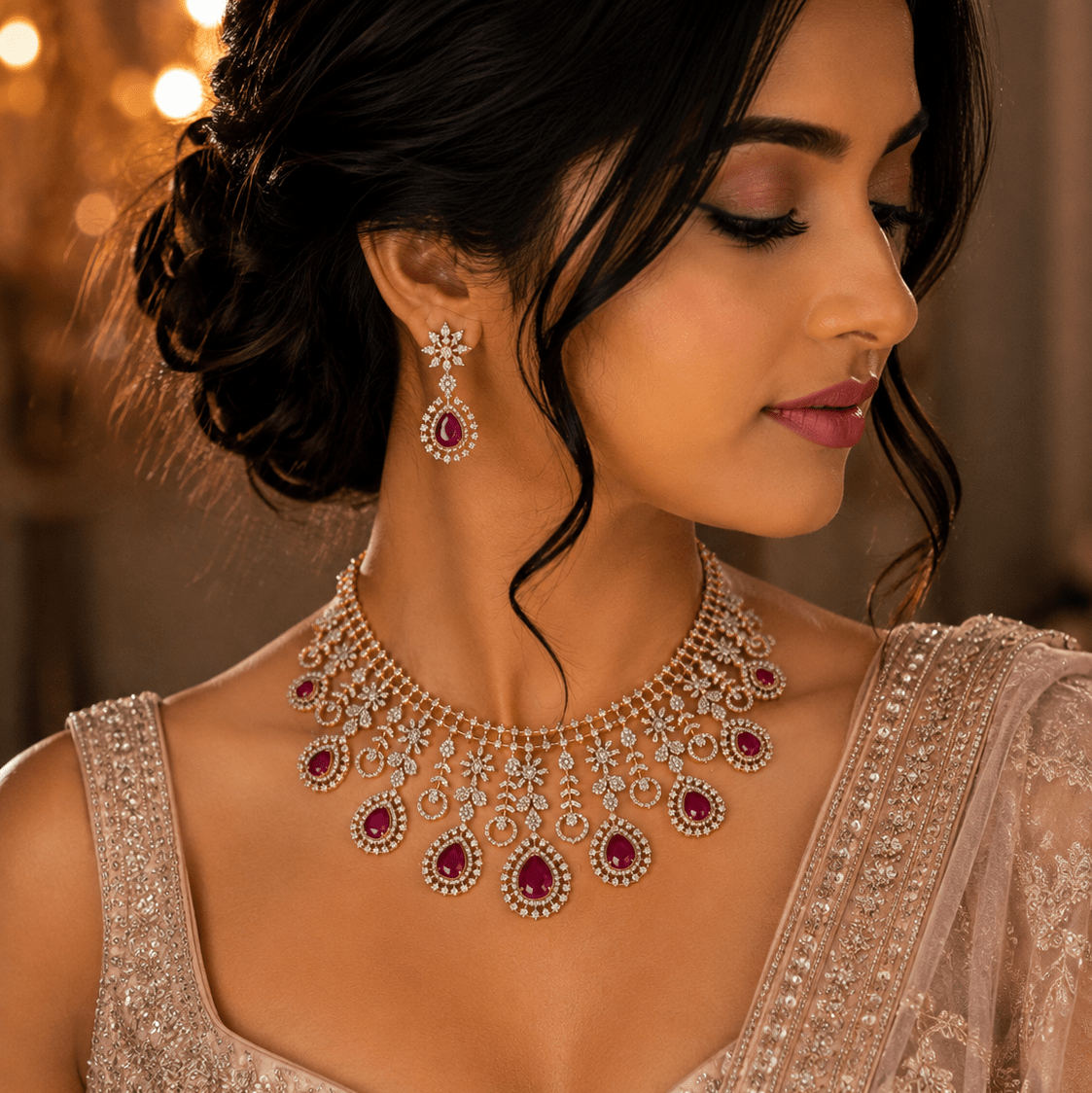 Aarisha Ruby Royale Statement Necklace Set - Vinni’s Jewelry