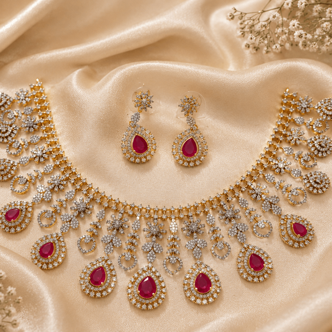 Aarisha Ruby Royale Statement Necklace Set - Vinni’s Jewelry