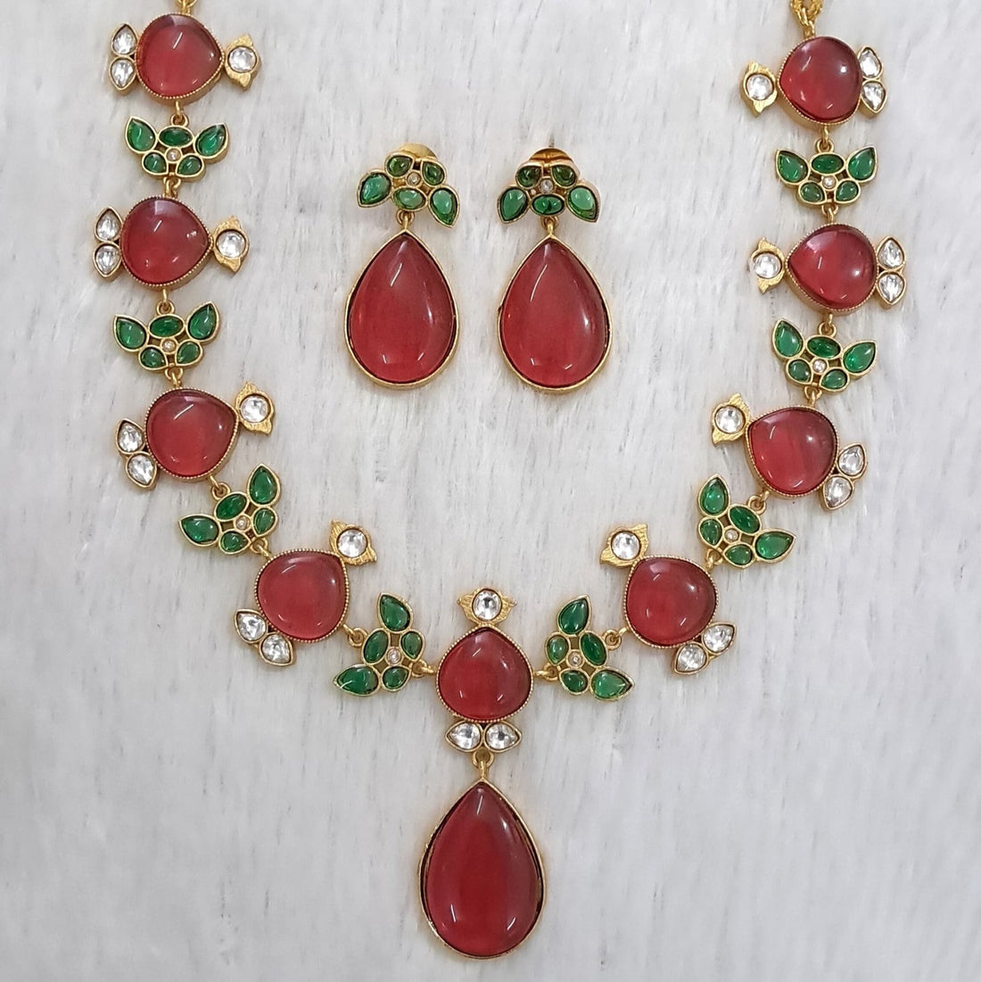 Aarohi Matt Gold Necklace Set – Red & Green Stone Bridal Jewelry - Vinni’s Jewelry