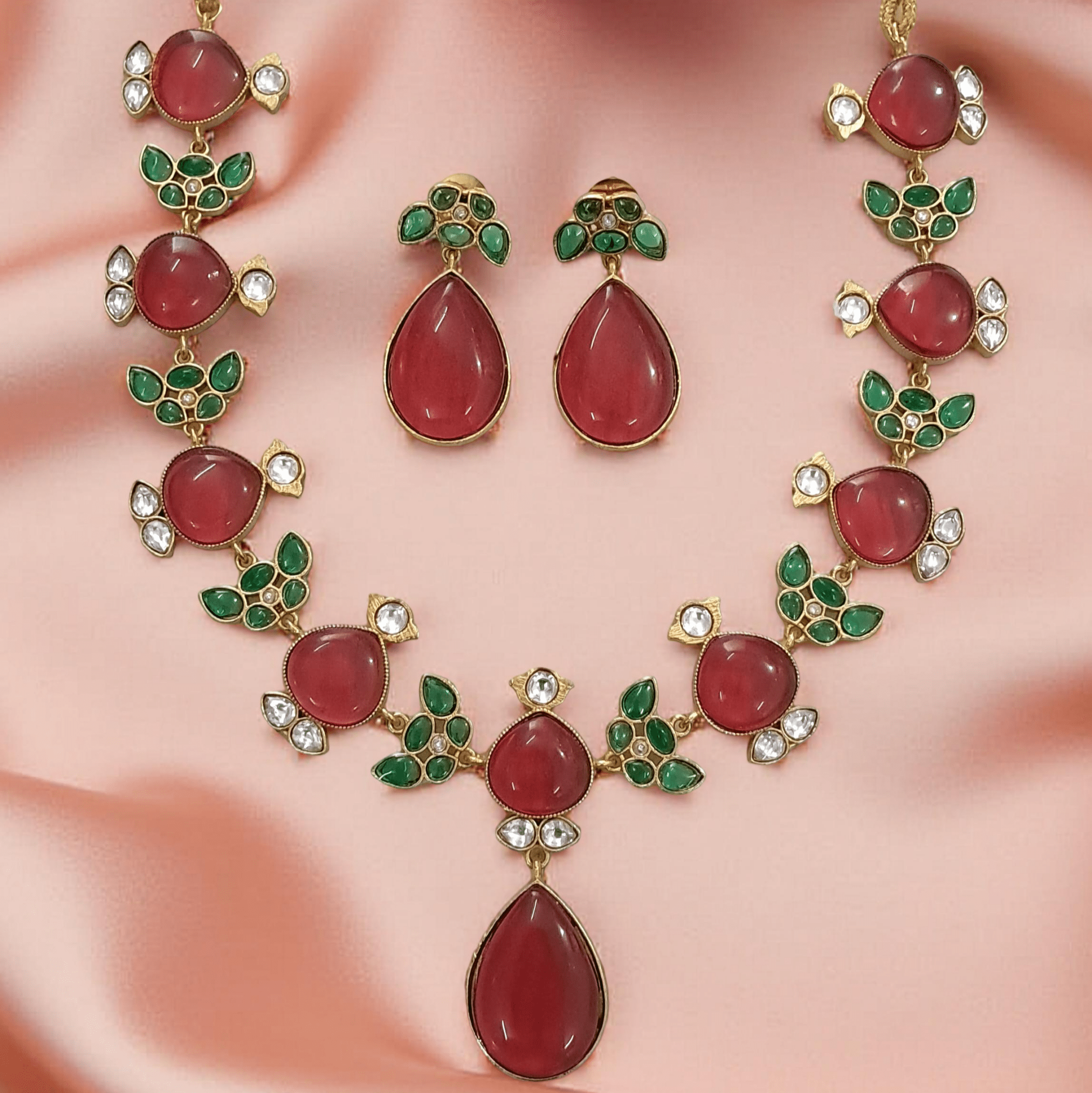 Aarohi Matt Gold Necklace Set – Red & Green Stone Bridal Jewelry - Vinni’s Jewelry