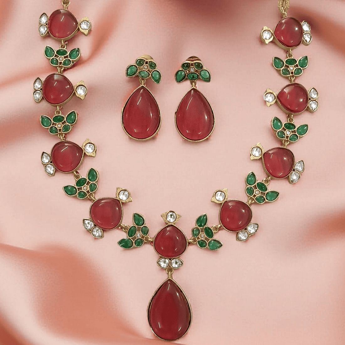 Aarohi Matt Gold Necklace Set – Red & Green Stone Bridal Jewelry - Vinni’s Jewelry