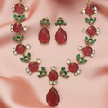 Aarohi Matt Gold Necklace Set – Red & Green Stone Bridal Jewelry - Vinni’s Jewelry