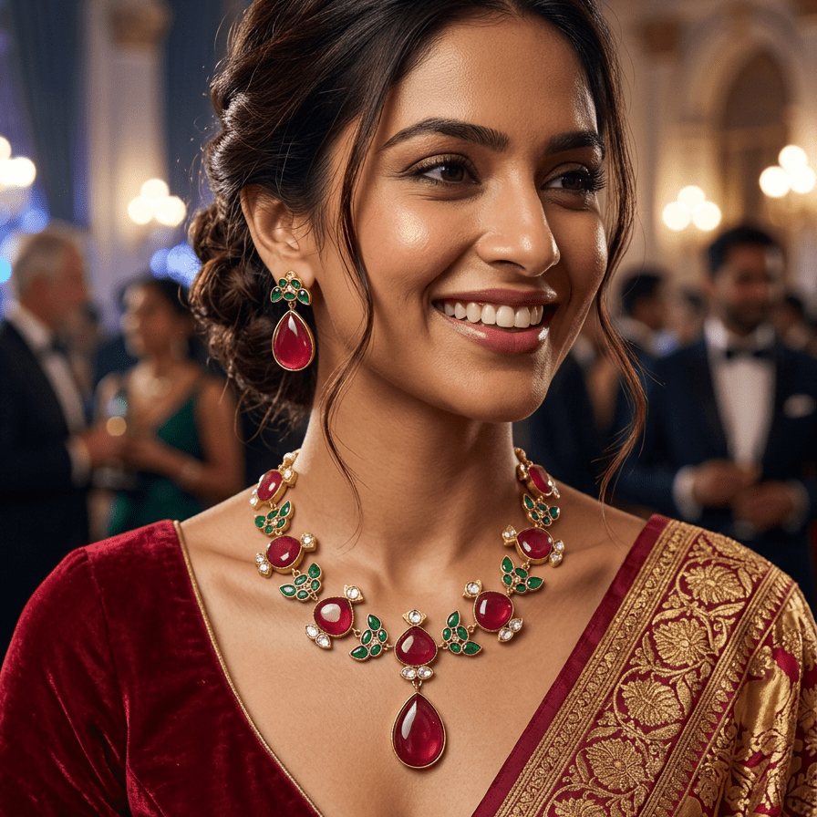 Aarohi Matt Gold Necklace Set – Red & Green Stone Bridal Jewelry - Vinni’s Jewelry