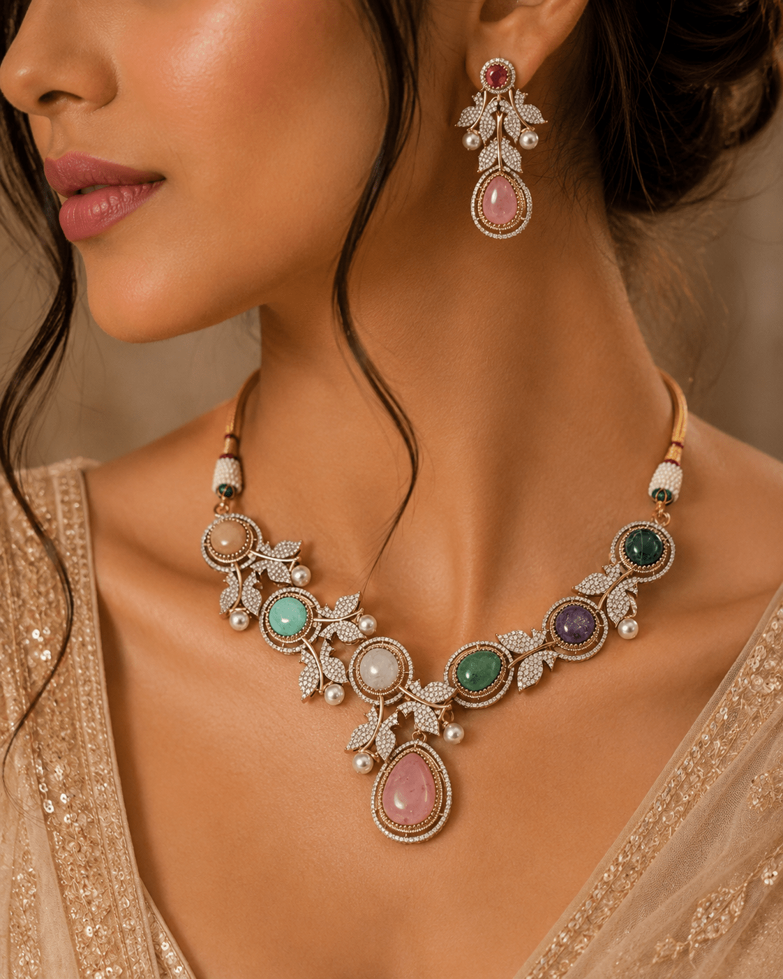 Aarohi Pastel Victorian Necklace Set - Vinni’s Jewelry