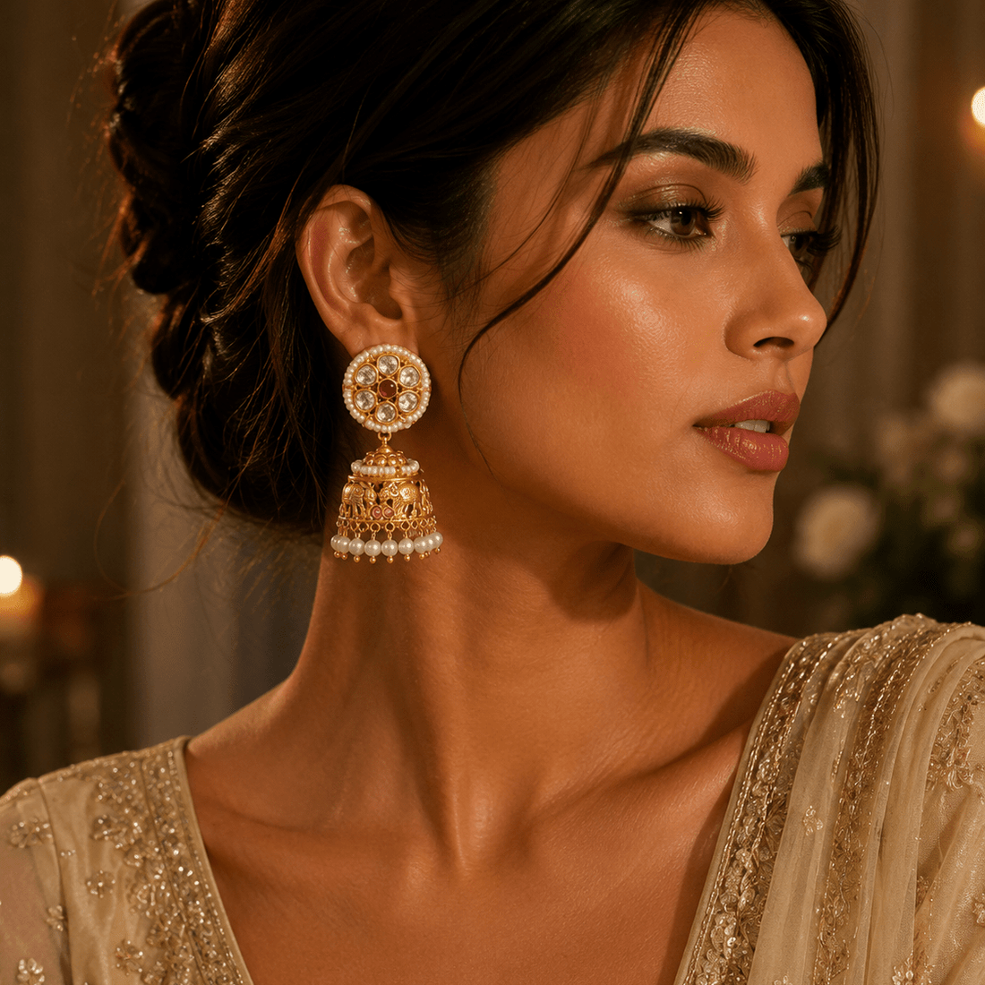 Aarohi Pearl Kundan Jhumka Earrings - Vinni’s Jewelry