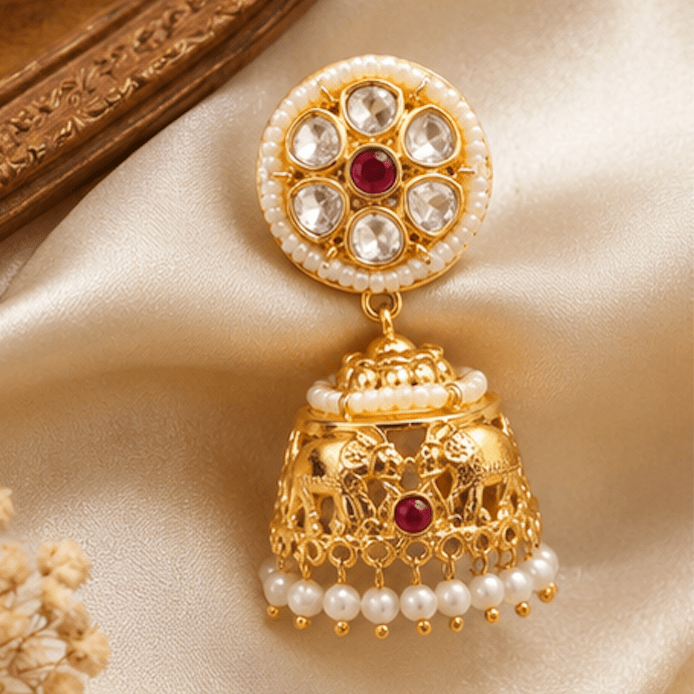 Aarohi Pearl Kundan Jhumka Earrings - Vinni’s Jewelry