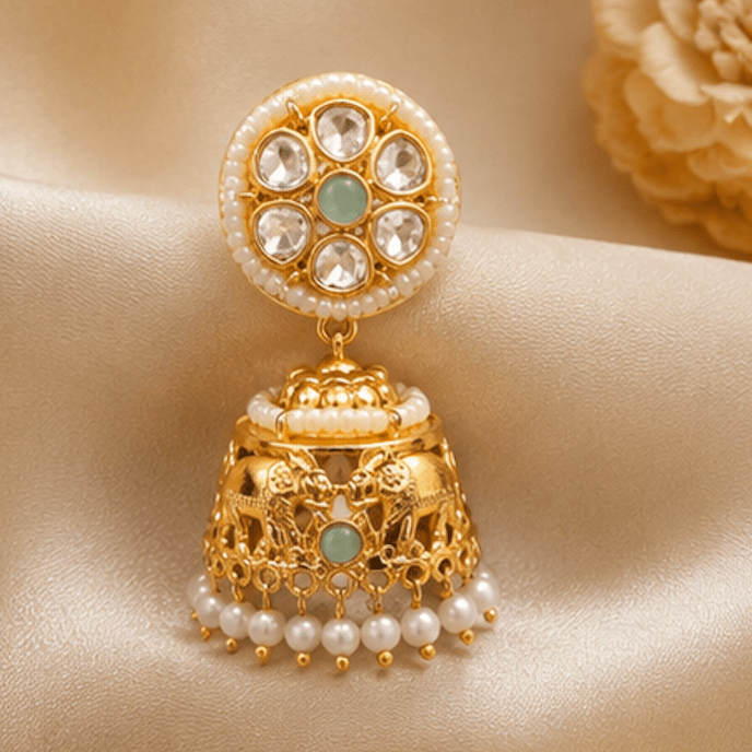 Aarohi Pearl Kundan Jhumka Earrings - Vinni’s Jewelry