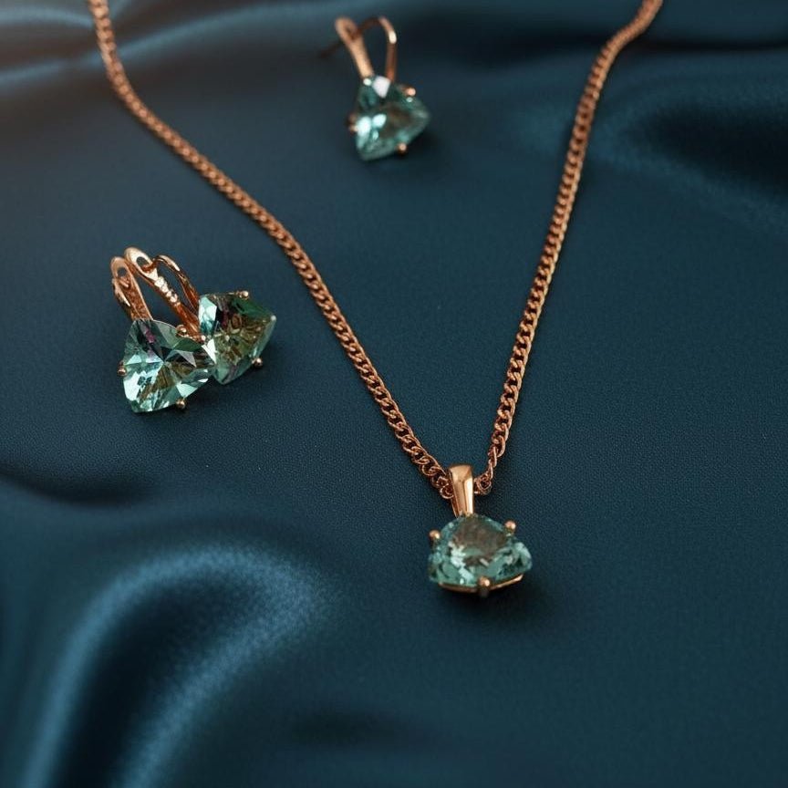 Aqua Bloom Trilliant Pendant & Earring Set – Rose Gold Finish - Vinni’s Jewelry
