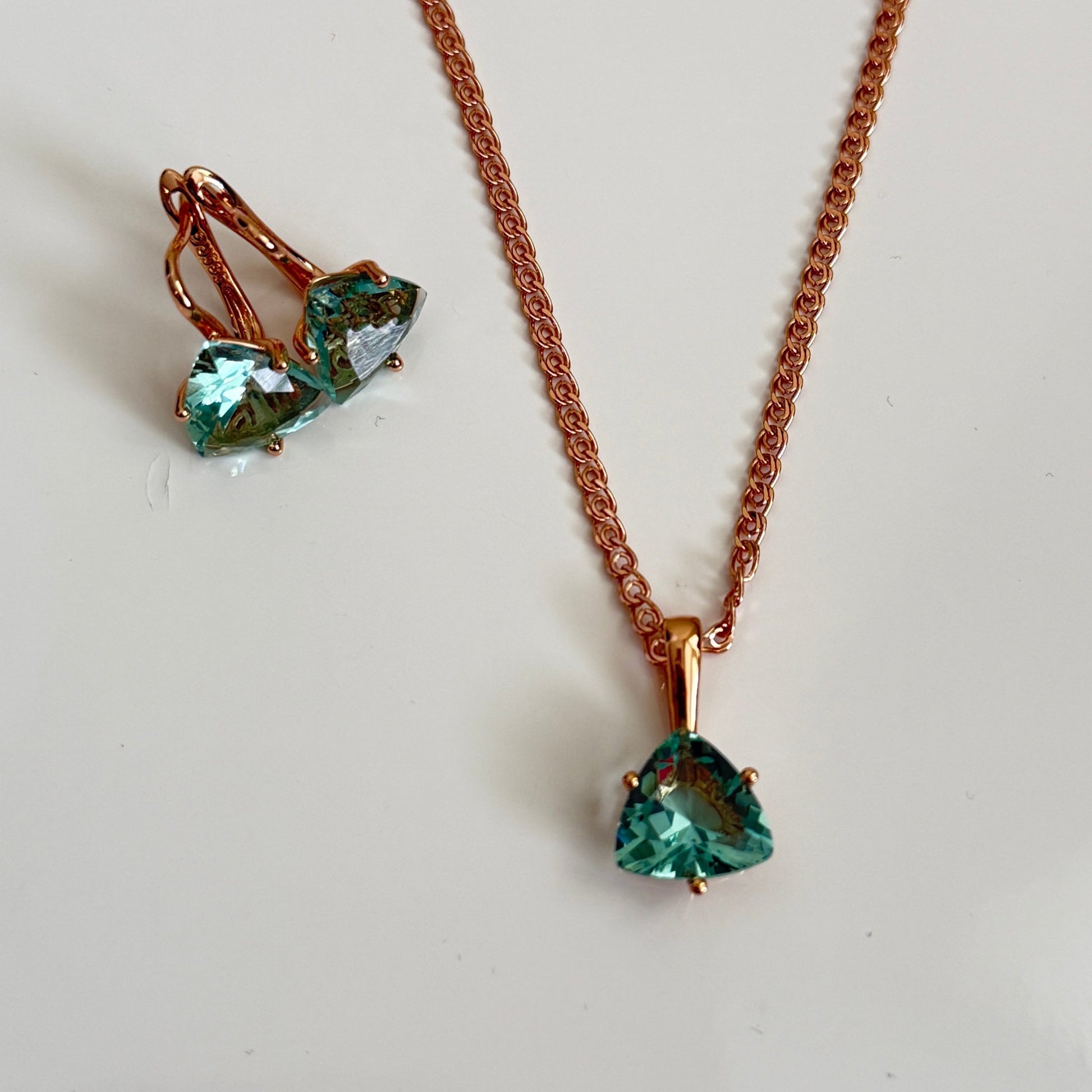 Aqua Bloom Trilliant Pendant & Earring Set – Rose Gold Finish - Vinni’s Jewelry
