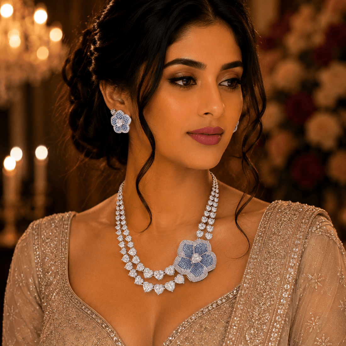 Blue Blossom Heart CZ Necklace Set - Vinni’s Jewelry