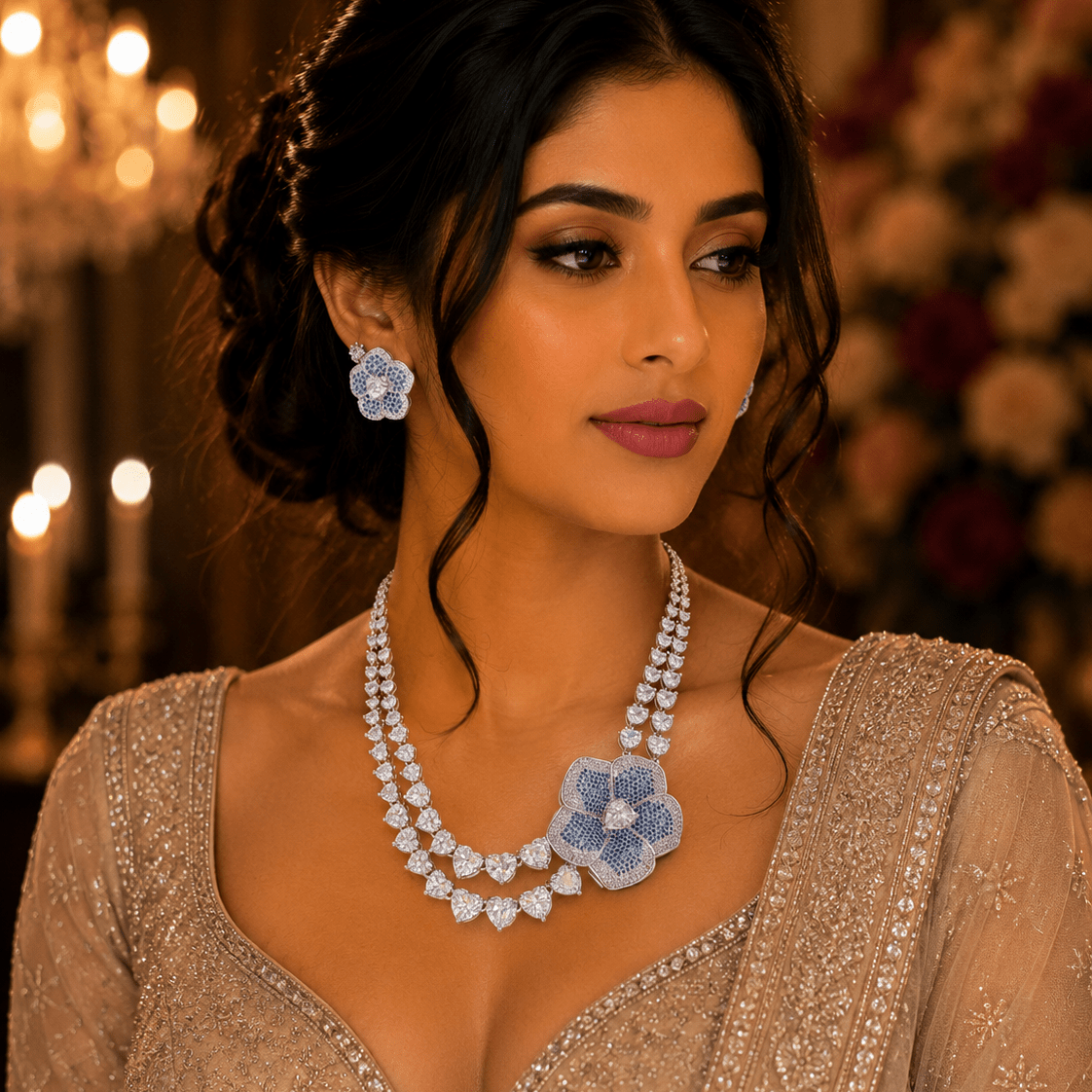 Blue Blossom Heart CZ Necklace Set - Vinni’s Jewelry