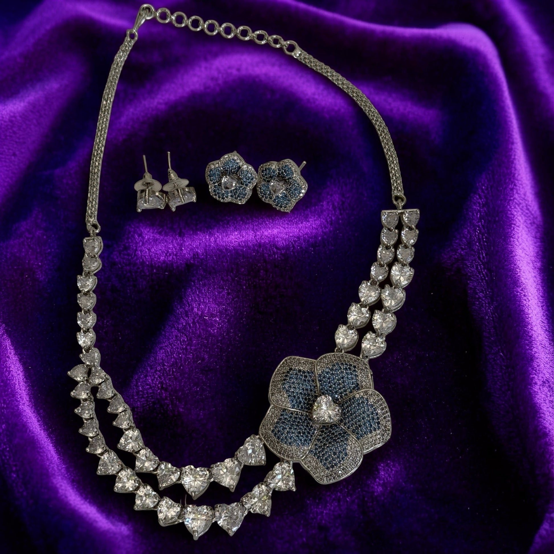 Blue Blossom Heart CZ Necklace Set - Vinni’s Jewelry